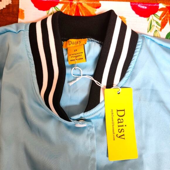 SKY BLUE SATIN ☆ BASEBALL STYLE ☆ CROPPED LIGHTWEIGHT JACKET ☆ NWT - Picture 6 of 6